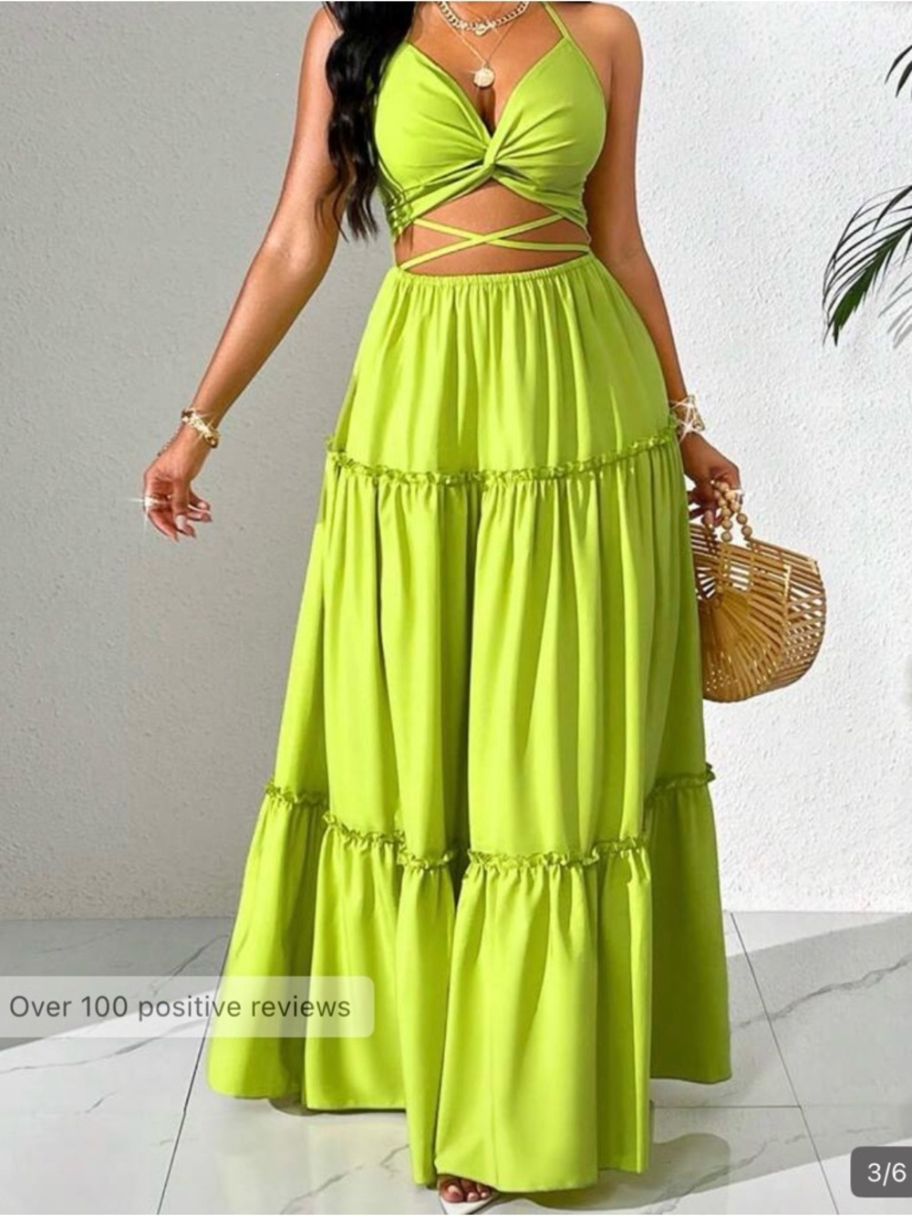 Lime Green Two-Piece Maxi Dress with Crisscross Waist